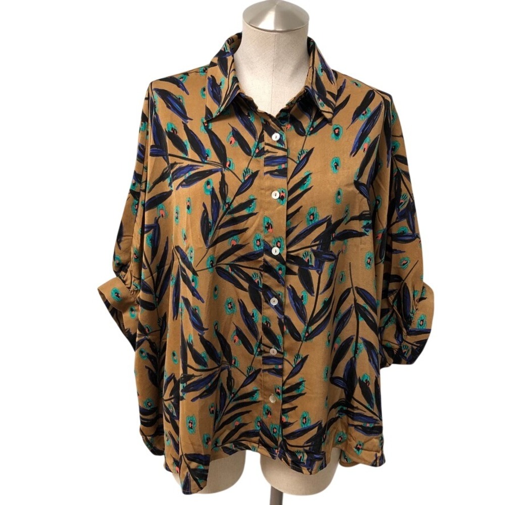 Entro Button Up Shirt Womens M/L Brown Blue Floral Dolman Oversized T21159